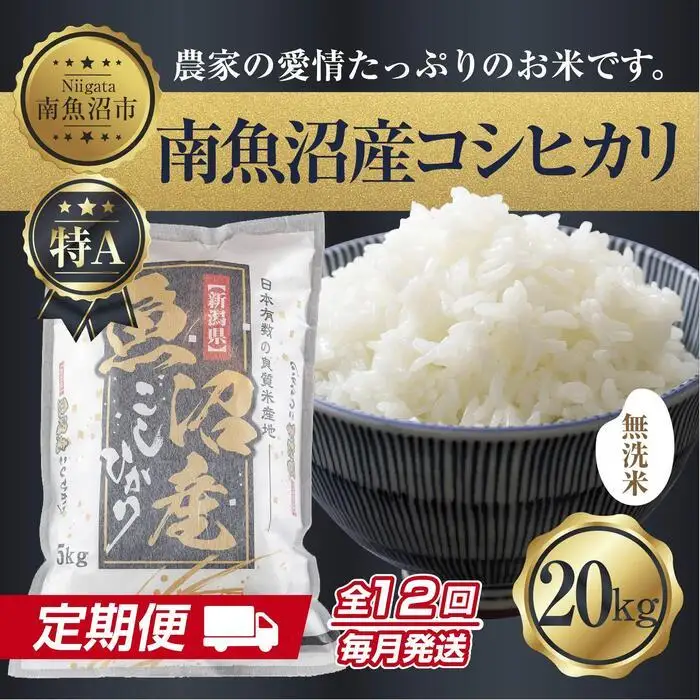 【定期便】無洗米  新潟県 南魚沼産 コシヒカリ お米 20kg×計12回 精米済み 年間 毎月発送 こしひかり（お米の美味しい炊き方ガイド付き）【定期便 銘柄米 ブランド米 無洗米 こしひかり コシヒカリ 魚沼産 新潟米 産地直送 ごはん】