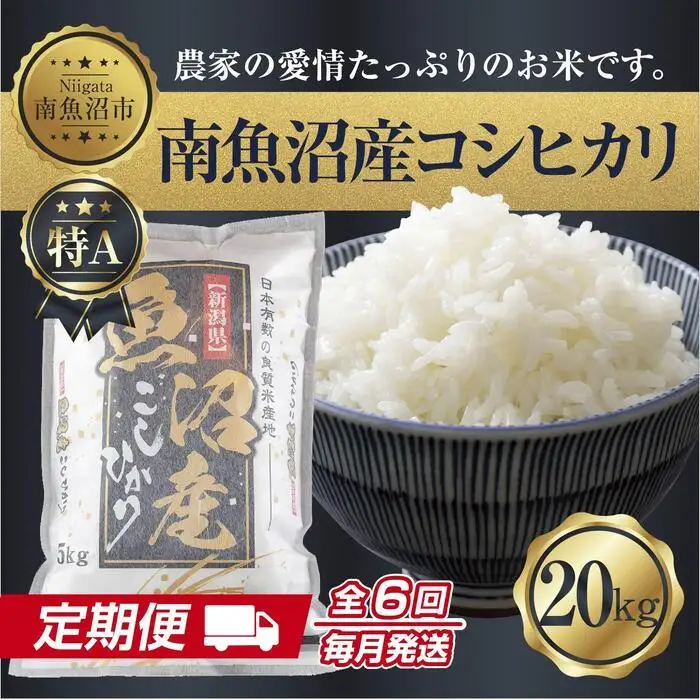 【定期便】 新潟県 南魚沼産 コシヒカリ お米 20kg×計6回 精米済み 半年間 毎月発送 こしひかり（お米の美味しい炊き方ガイド付き）【定期便 銘柄米 ブランド米 精米 こしひかり コシヒカリ 魚沼産 新潟米 産地直送 ごはん】