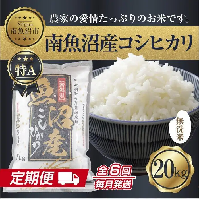 【定期便】無洗米  新潟県 南魚沼産 コシヒカリ お米 20kg×計6回 精米済み 半年間 毎月発送 こしひかり（お米の美味しい炊き方ガイド付き）【定期便 銘柄米 ブランド米 無洗米 こしひかり コシヒカリ 魚沼産 新潟米 産地直送 ごはん】