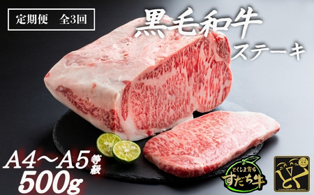 定期便 3回お届け すだち牛黒毛和牛（ステーキ用）500g　鳴門　すだち牛　黒毛和牛　ブランド牛　高級　敬老の日　お歳暮　定期便　ステーキ
