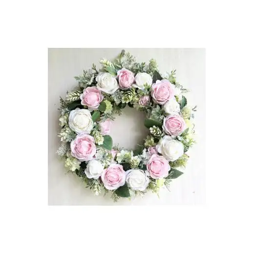 【ギフト用】美流渡の森 アーティフィシャルフラワー・リース（バラ、白・ピンク）【12221】