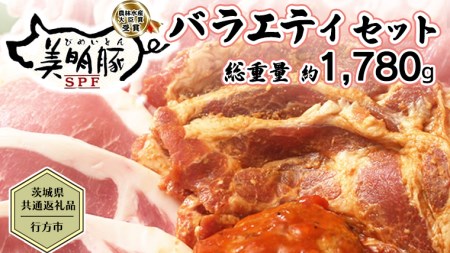 【茨城県共通返礼品／行方市】  美明豚 バラエティーセット 約1,780g 豚肉 豚 SPF ブランド豚 詰め合わせ 食べ比べ セット 国産 モモ肉 もも バラ ハンバーグ 味噌漬け 切り身 切り落とし 贈答用 ロース バラ肉 肩ロース [CF001ya]