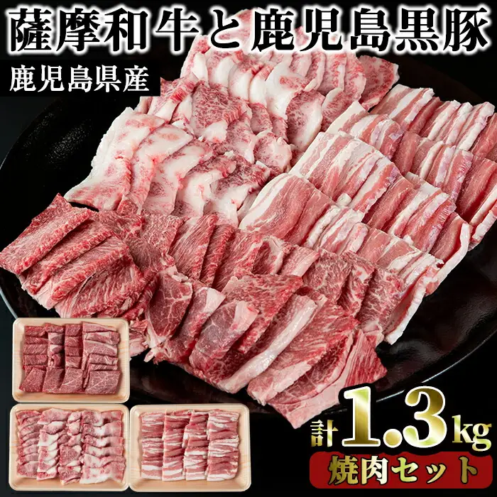 No.423 薩摩和牛と鹿児島黒豚の焼肉セット(合計1.3kg・肩ロース バラ焼肉用500g、モモもしくはカタ焼肉用 400g、黒豚バラ焼肉用 400g)国産 九州産 和牛 黒豚 豚肉 ロース 肩肉 カタ バラ 焼肉【さつま屋産業】
