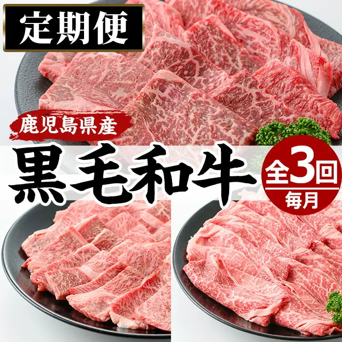 No.727 ＜定期便・全3回(連続)＞黒毛和牛の赤身牛肉コース(全3回・すき焼き、焼肉、ステーキ)国産 九州産 牛肉 黒毛和牛 和牛 赤身 ステーキ 定期便 頒布会 数量限定 すき焼き しゃぶしゃぶ 冷凍【さつま屋産業】