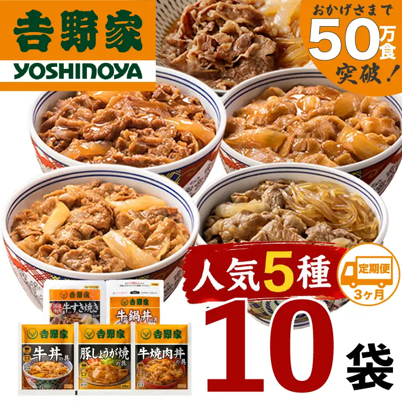 【定期便 ３ヶ月】吉野家 人気５種１０袋セット（冷凍） 牛丼 レトルト 非常食 防災食 3ヶ月 お楽しみ 新潟 