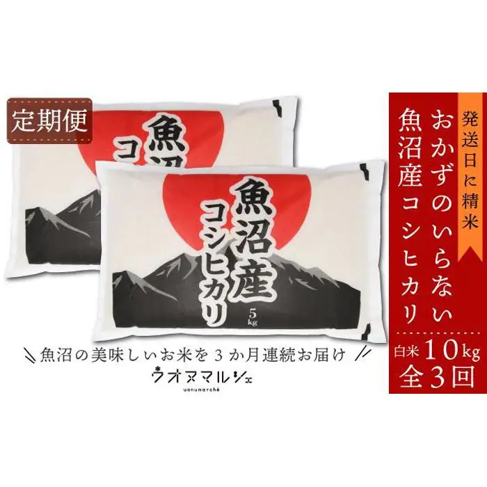 【令和7年産】【お米定期便/全３回】 おかずのいらない 魚沼産コシヒカリ　白米１０ｋｇ【定期便 銘柄米 ブランド米 精米 こしひかり コシヒカリ 魚沼産 新潟米 産地直送 お米 米 こめ コメ ご飯 御飯 ごはん】