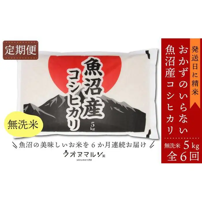 【令和７年産】【お米定期便/全６回】おかずのいらない 魚沼産コシヒカリ　無洗米５ｋｇ【定期便 銘柄米 ブランド米 無洗米 こしひかり コシヒカリ 魚沼産 新潟米 産地直送 お米 米 こめ コメ ご飯 御飯 ごはん】