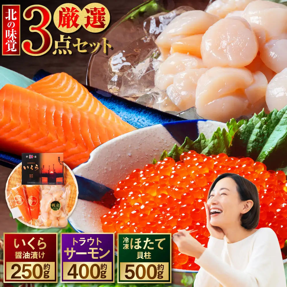 北の味覚海鮮3点セット いくら250g サーモン400g ほたて500g 海鮮丼 セット 鮭 シャケ サケ 魚卵 海鮮 海鮮セット 海鮮醤油漬 刺身 福袋