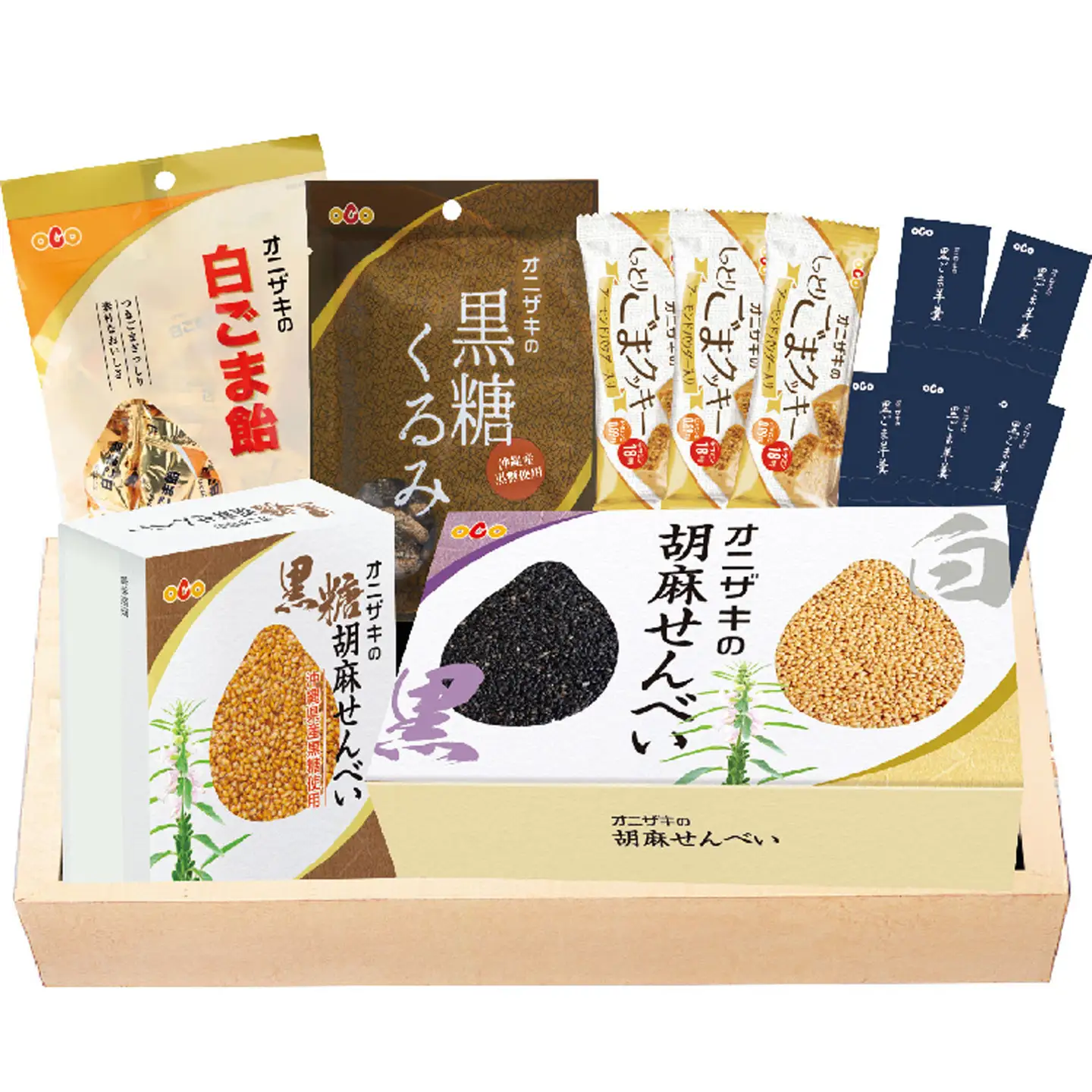 オニザキ 人気の 茶菓子 セット | 6種 白ごま飴 黒糖くるみ しっとりごまクッキー 黒ごま羊羹 黒糖胡麻せんべい 胡麻せんべい _b-367