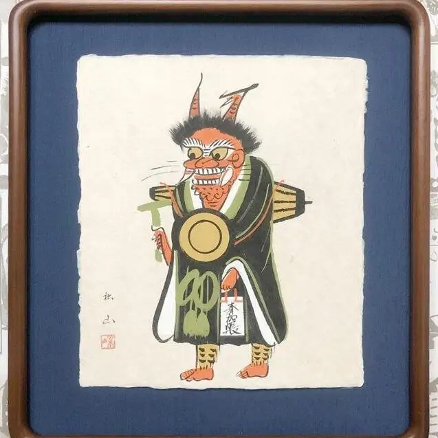 肉筆大津絵 和紙色紙額 『鬼の寒念仏』 大津絵