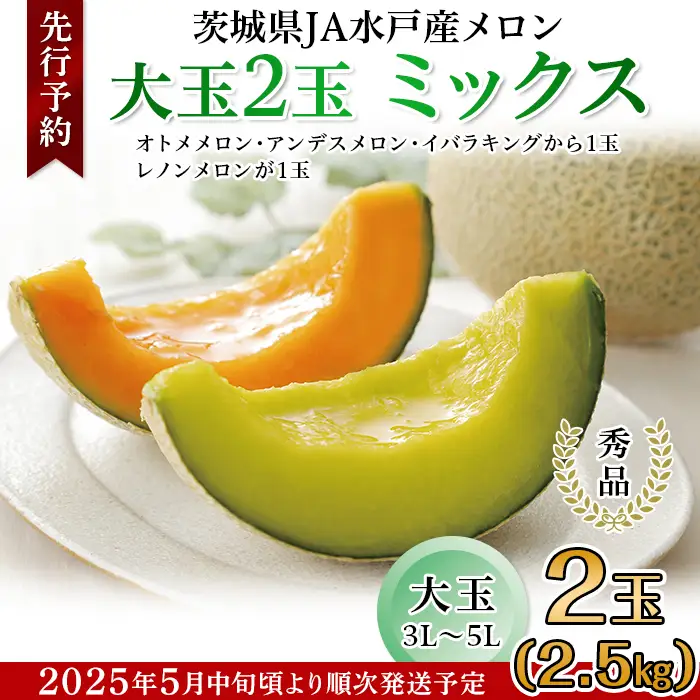 214茨城県JA水戸産メロン【秀品】大玉2玉ミックス(2.5kg)【2026年5月中旬頃より発送予定】