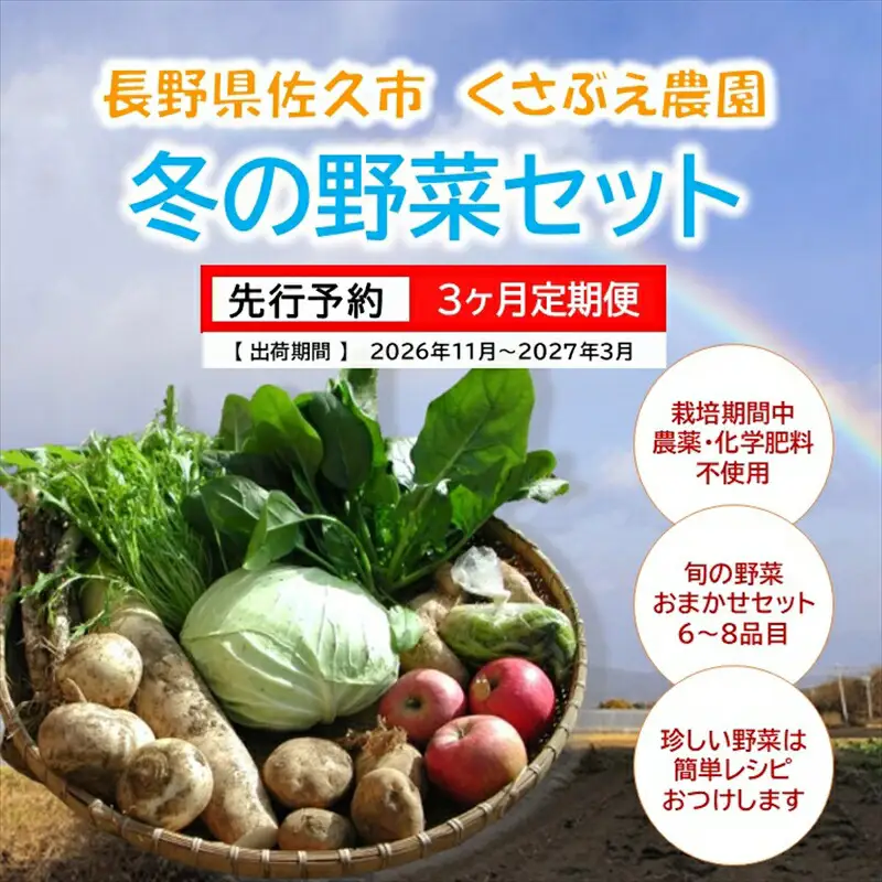 【3ヶ月定期便】くさぶえ農園『冬の野菜6～8品目セット』（2026年11月～2027年3月出荷／北海道・沖縄・離島は配送不可）高原 無農薬 産地直送 新鮮 旬彩 簡単レシピ 先行予約【 産直 高原野菜 旬の野菜 有機野菜 有機栽培 農薬 化学肥料 不使用 佐久市】