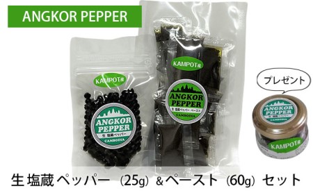 アンコール ペッパー 生 塩蔵 （25g）＆ ペースト （60g） セット ★ プレゼント 付き★ 胡椒 スパイス 調味料 カンポット産 香りが良い 無農薬 若い実 塩漬け お酒 つまみ ペースト状 