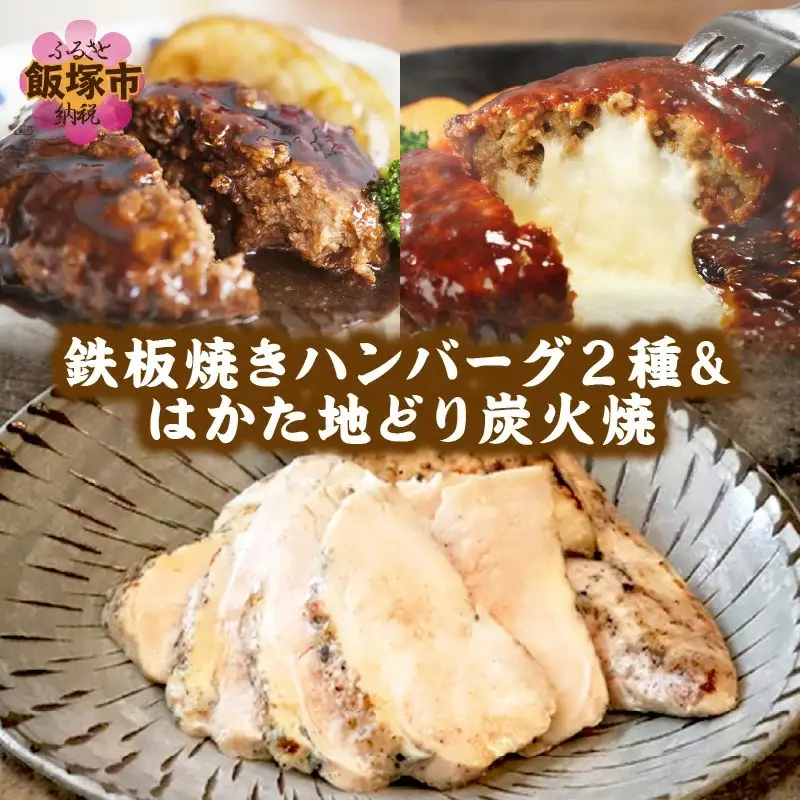 鉄板焼きハンバーグ(2種16個)＆はかた地どり炭火焼(1kg小分け)セット【C-141】