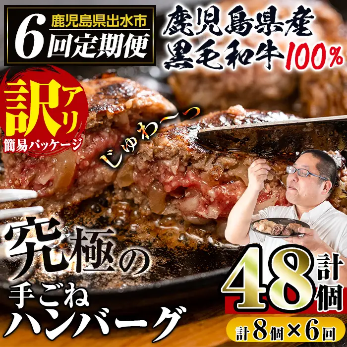 i689 ＜定期便・計6回(隔月)＞【訳あり】鹿児島県産！黒毛和牛の究極の手ごねハンバーグ(総計48個・100g×8個×6回) ハンバーグ 牛肉 黒毛和牛 100％ 国産 冷凍 おかず 定期便 エコパッケージ 小分け 手ごねハンバーグ 安心安全 簡単調理【スーパーよしだ】