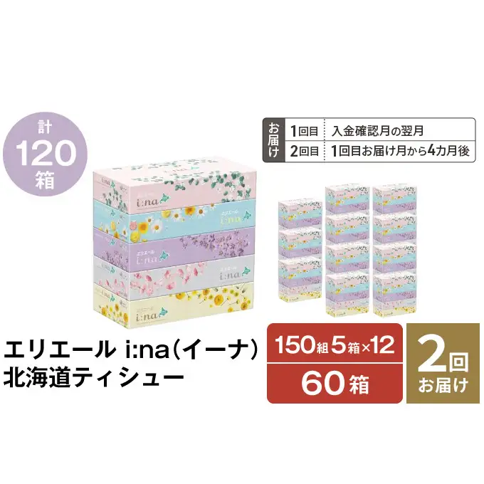 【2回お届け 計120箱】エリエール i:na (イーナ) 北海道 ティシュー 150組5箱 12パック ティッシュペーパー 箱ティッシュ まとめ買い 防災 常備品 備蓄品 消耗品 日用品 生活必需品 送料無料 赤平市 福祉用品 雑貨 