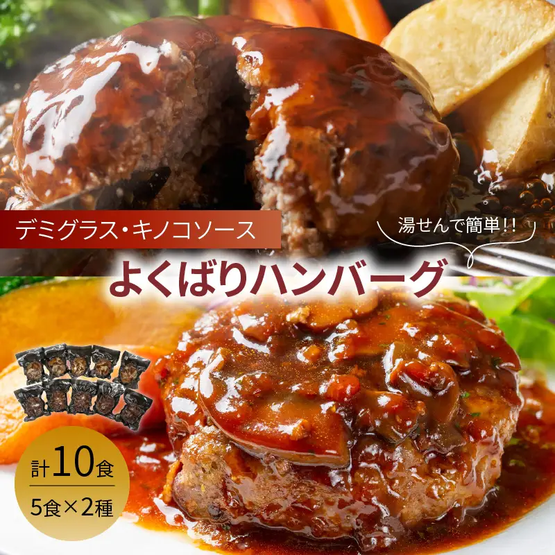 よくばりハンバーグ140g(デミグラス5食+キノコソース5食)【001-0106】肉 ハンバーグ セット 湯煎 簡単 時短 個包装 デミグラス ふるさと納税 惣菜 福岡県中間市 ふるさと納税 ハンバーグ レトルト