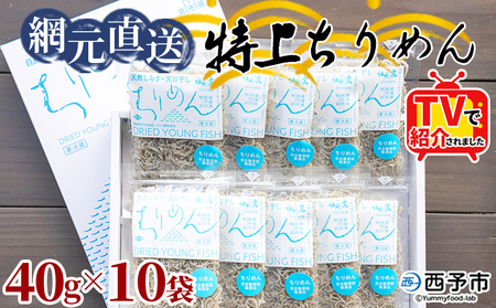 TVで紹介！＜天日干し 特上ちりめん 合計400g（40g×10袋）ギフト箱入り＞ テレビ TV じゃこ しらす 小魚 さかな ごはんのお供 贈答 贈り物 御礼 お礼 小分け 海鮮 海産物 おつまみ おやつ 産地直送 網元・祇園丸 愛媛県 西予市 【冷蔵】『1か月以内に順次出荷予定』 AAG0005