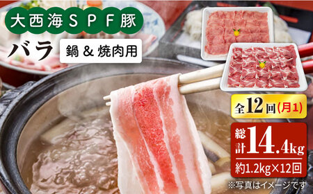 【6回定期便】大西海SPF豚 バラ（焼肉＆しゃぶしゃぶ用）計1.2kg 訳あり ＜大西海ファーム＞ [CEK123]