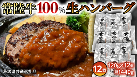【茨城県共通返礼品】黒毛和牛 常陸牛 100% 特製 プレミアム 生ハンバーグ 120g×12個入り 合計1,440g 八千代町産 白菜 使用 無添加 無着色 保存料不使用 冷凍 牛 牛肉 ビーフ 生 ハンバーグ こだわり [AU053ya]
