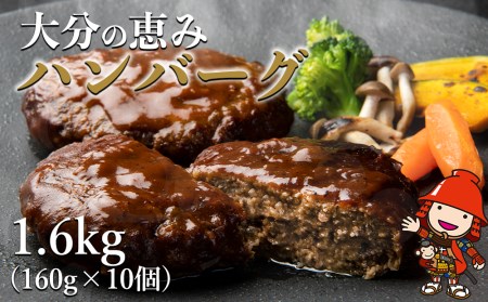大分の恵みハンバーグ 1.6kg (160g×10個)  | 牛肉 豚肉 ハンバーグ 弁当 惣菜 冷凍 共通返礼品 中津市 豊後高田市 日出町 佐伯市 杵築市 竹田市 国東市 大分市 送料無料