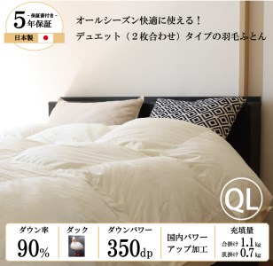【日本製】オールシーズン2枚合わせ羽毛布団 ホワイトダックダウン 90％ クイーンロングサイズ（157-2）
