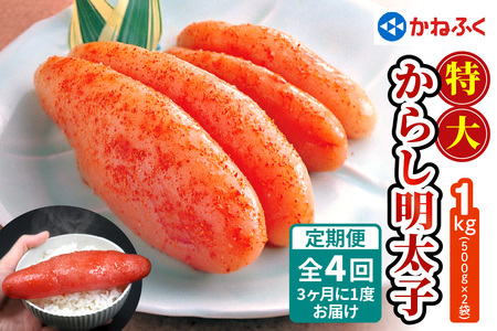 [定期便] 特大からし明太子 1kg XLサイズ『3ヶ月に1度／全4回』かねふく [0129]