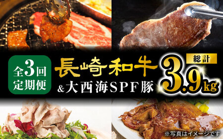 3回定期便 長崎和牛 大西海SPF豚 3種 総計3.9kg 訳あり ＜大西海ファーム＞ [CEK184] 定期便