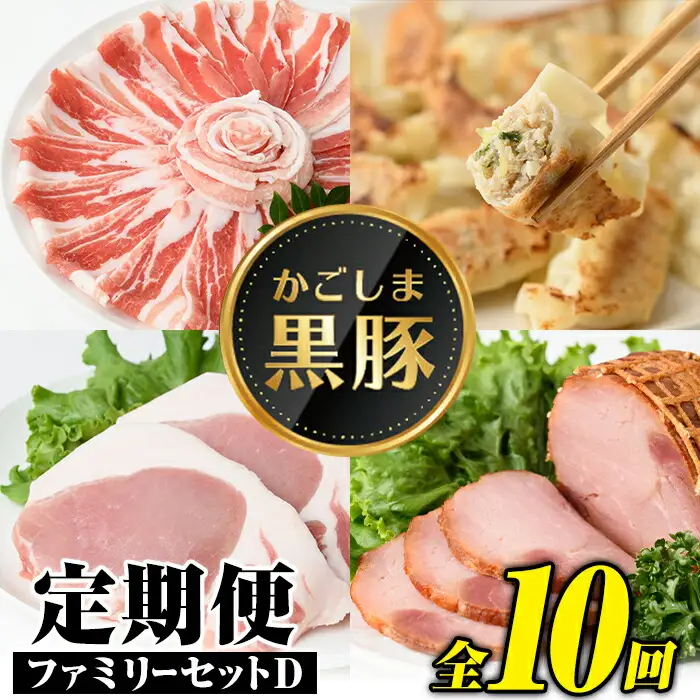 【E02008】＜定期便・全10回＞かごしま黒豚ふるさと定期便 ファミリーセットD(月1回×10ヶ月) 鹿児島 国産 肉 豚肉 黒豚 焼豚 肩ロース ロース モモ 餃子 ぎょうざ しゃぶしゃぶ とんかつ セット 定期便 【和田養豚】