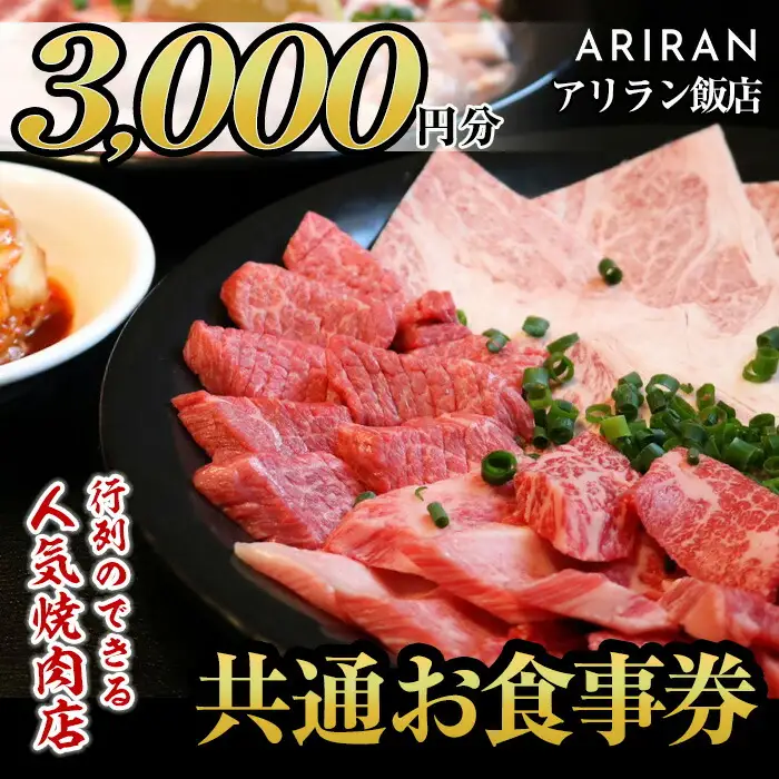 No.924 アリラン飯店5店舗共通お食事券(3,000円分)焼肉 焼き肉 黒毛和牛 黒豚 チケット 体験 お食事券 焼肉店 専門店【アリラン飯店】