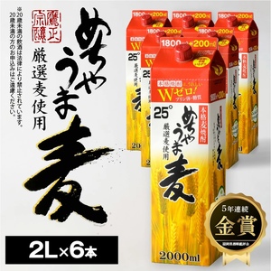 本格麦焼酎 めちゃうま麦25度2Lパック×6本セット_焼酎 麦焼酎 5年連続 金賞 福岡県酒類鑑評会 めちゃうま麦 25度 2L 6本 セット 鷹正宗 本格焼酎 プリン体糖質ゼロ 口当たり優しく まろやかな旨み 麦の香ばしさ ソフトな飲み心地 お酒 アルコール  焼酎ハイボール 福岡県 久留米市 お取り寄せ 送料無料 〔El017〕
