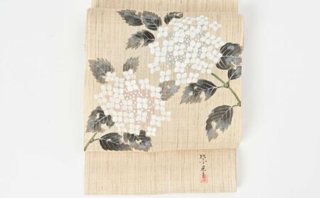 名古屋帯　麻　紫陽花柄　お仕立て上がり　お単衣　絽　紗に　あじさい 和装 伝統技術 ファッション小物 篠原縫製