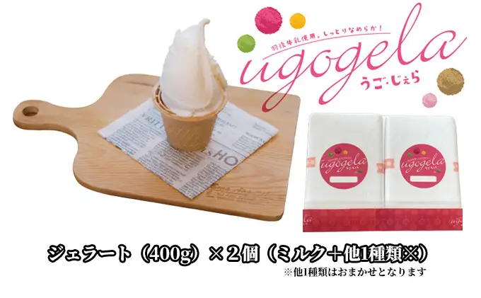 本格ジェラート 羽後町産生乳使用！「うご・じぇら」400g×2個セット（ミルク＋他1種類※おまかせ）〈株式会社おも・しぇ〉 スイーツ 冷たいスイーツ フレッシュミルク 濃厚 後味さっぱり 新鮮 とれたて食材 生産者直送 野菜 完熟果物 