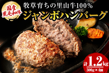 国産黒毛和牛 牧草育ちの里山牛100%使用！手作りジャンボハンバーグ 1.2kg (300g×4個） 黒毛和牛 和牛 肉 牛肉 国産 ハンバーグ ジャンボハンバーグ 冷凍ハンバーグ 時短 真空パック 小分け バーベキュー a5-283