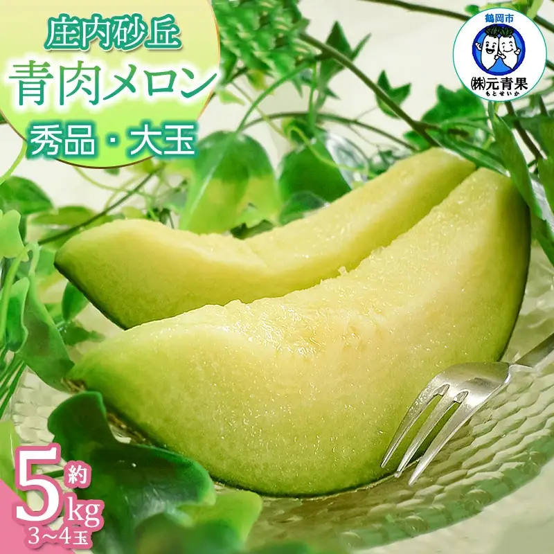【令和8年産先行予約】 庄内砂丘青肉メロン 秀品 大玉 約5kg (3～4玉)　山形県鶴岡市産　株式会社 元青果　| メロン めろん フルーツ 果物 くだもの 夏 旬 デザート 産地直送 山形 鶴岡 庄内 東北 人気 おすすめ 美味しい 国産 お取り寄せ 返礼品