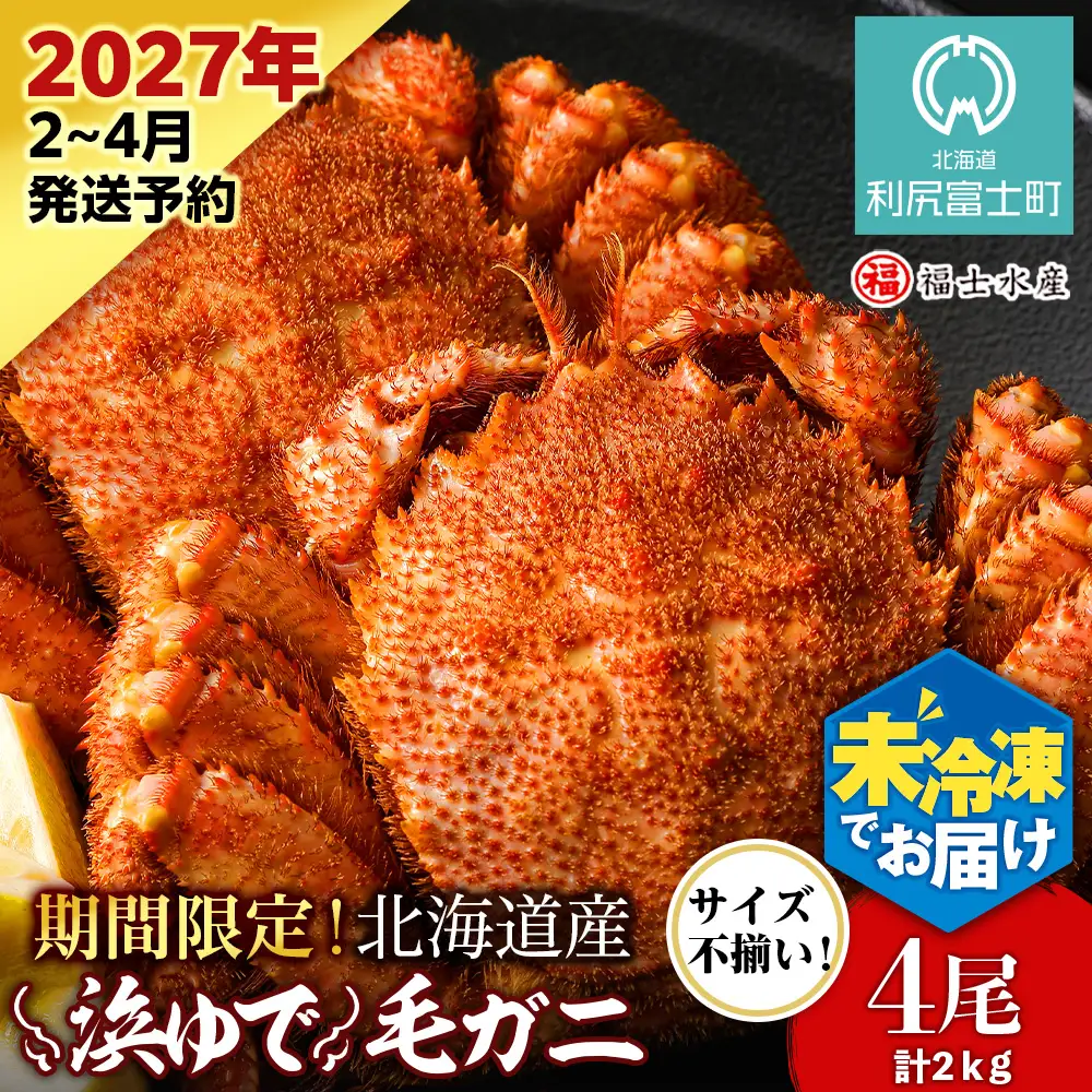 【2027年発送予約】チルドでお届け！ 浜茹で毛ガニ中サイズ４尾（不揃い合計約2kg） 〈福士水産〉