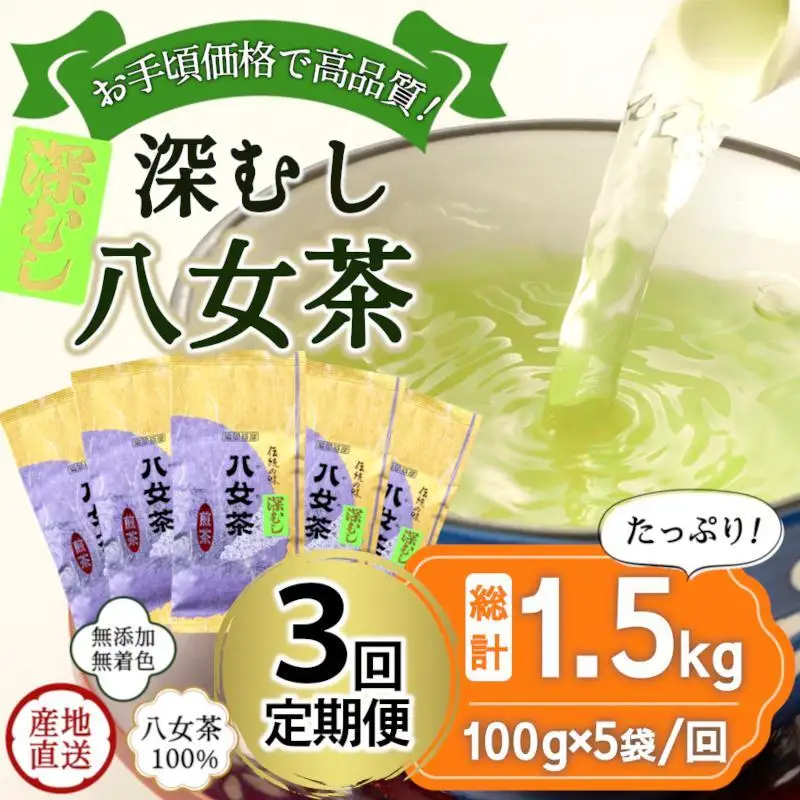 【定期便】八女茶100％ 深むし茶 計1.5kg（２カ月毎に100g５袋×３回） ＜岩崎園製茶＞　075-T001