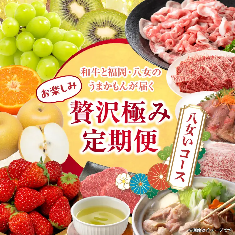 和牛と福岡・八女のうまかもんが届く お楽しみ贅沢極み定期便【全12回】～八女いコース～ ＜配送不可：北海道・沖縄・離島＞ 定期便 豚肉 水炊き あまおう 博多和牛 黒毛和牛 八女茶 シャインマスカット 梨 キウイ みかん 12回 毎月 美味しい 贅沢 旬 福岡県 八女市 072-T059 北海道・沖縄・離島