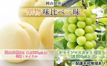 桃 ぶどう 2026年 先行予約 果物 味比べ三昧  岡山 白桃 2玉 等級：ロイヤル（1玉260g以上） シャイン マスカット 晴王 1房 580g以上 詰合せ 岡山の桃 岡山の葡萄 食べ比べ 