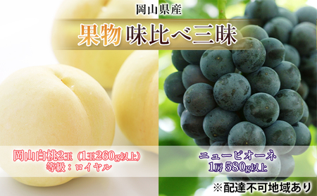 桃 ぶどう 2026年 先行予約 果物 味比べ三昧  岡山 白桃 2玉 等級：ロイヤル（1玉260g以上）ニュー ピオーネ 1房 580g以上