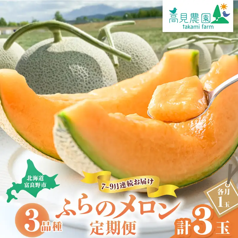 【2026年7～9月連続お届け】3品種 ふらの メロン 定期便 ≪計3玉≫ 北海道 富良野市 (高見農園) メロン フルーツ 果物 新鮮 甘い 贈り物 ギフト 道産 ジューシー おやつ ふらの ブランド 夏 