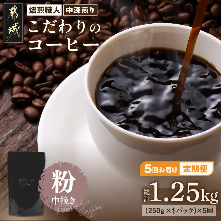 5回お届け!焙煎職人こだわりのコーヒー定期便【粉】250g 小分けパック(ジッパー・バルブ付) ※中深煎り※ポスト投函_TLA5-3301_(都城市) 毎月