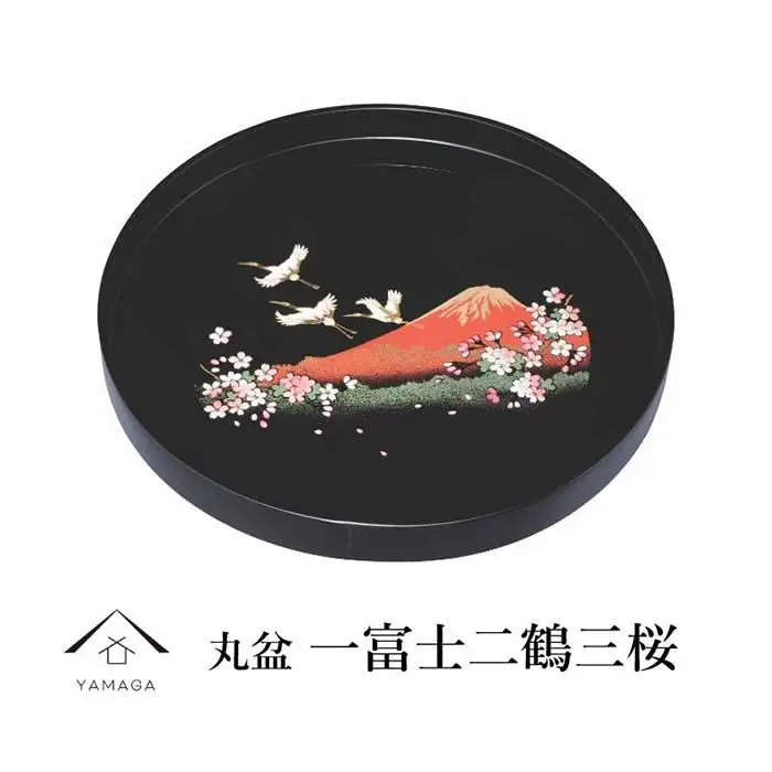 木製丸盆 尺 30cm 一富士二鶴三桜