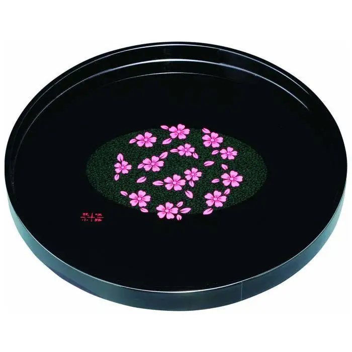 木製丸盆 尺 30cm 黒 花咲小路