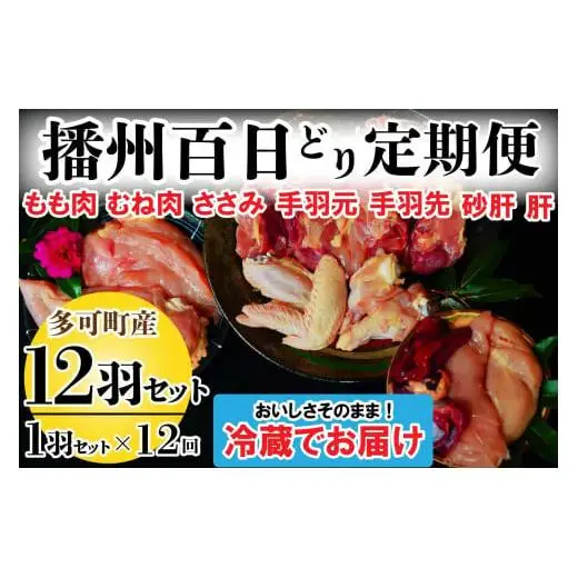 播州百日どり １羽 セット 12回 定期便 [840] 鶏肉 もも肉 むね肉 ささみ 手羽先 手羽元 肝 砂肝 冷蔵