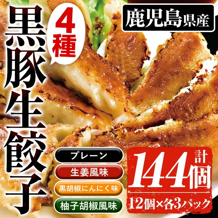 鹿児島黒豚生餃子4種詰合せセット 合計144個！食べ比べ 小分け（4種×12個×3P）【00-008-10】