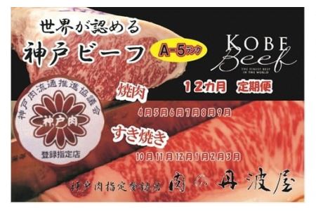 A5神戸ビーフ 定期便 12回 すき焼き・焼肉 〈兵庫県産〉 神戸牛