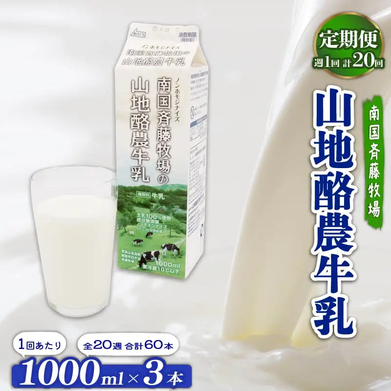 【20回定期便 週1】山地酪農牛乳1L×3本  低温殺菌 牛乳