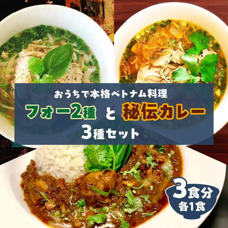 【おうちで本格ベトナム料理】3種類セット チキンフォーとトマトチキンフォーとサッチャムチキンカレー（3食分）_B020-010