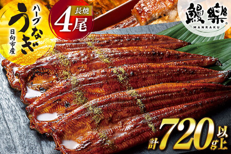 宮崎県産 ハーブ うなぎ 蒲焼 4尾 計720g 以上 タレ山椒付き [鰻楽 宮崎県 日向市 452061651]